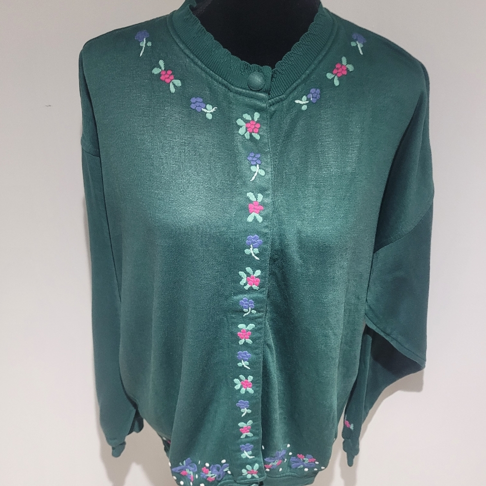 Lady Footlocker Women's 80's Vintage Floral Embroidered Cardigan Medium Green - Picture 5 of 10
